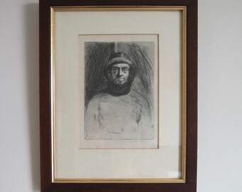 Vintage framed dry point etching by Terry Thomas, The Skipper, fisherman