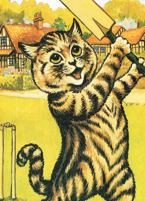 Vintage mounted coloured coloured Louis Wain cat print - cricket