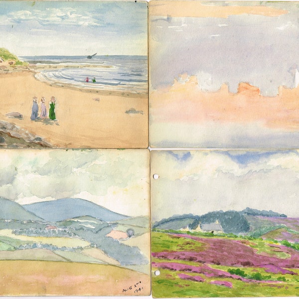 Small lot of 10 antique vintage original watercolour drawing sketch paintings - 1940s and later landscape, trees, countryside, beach
