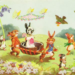 Impresión coloreada de dibujos animados vintage original antigua, guardería infantil: patos, conejos