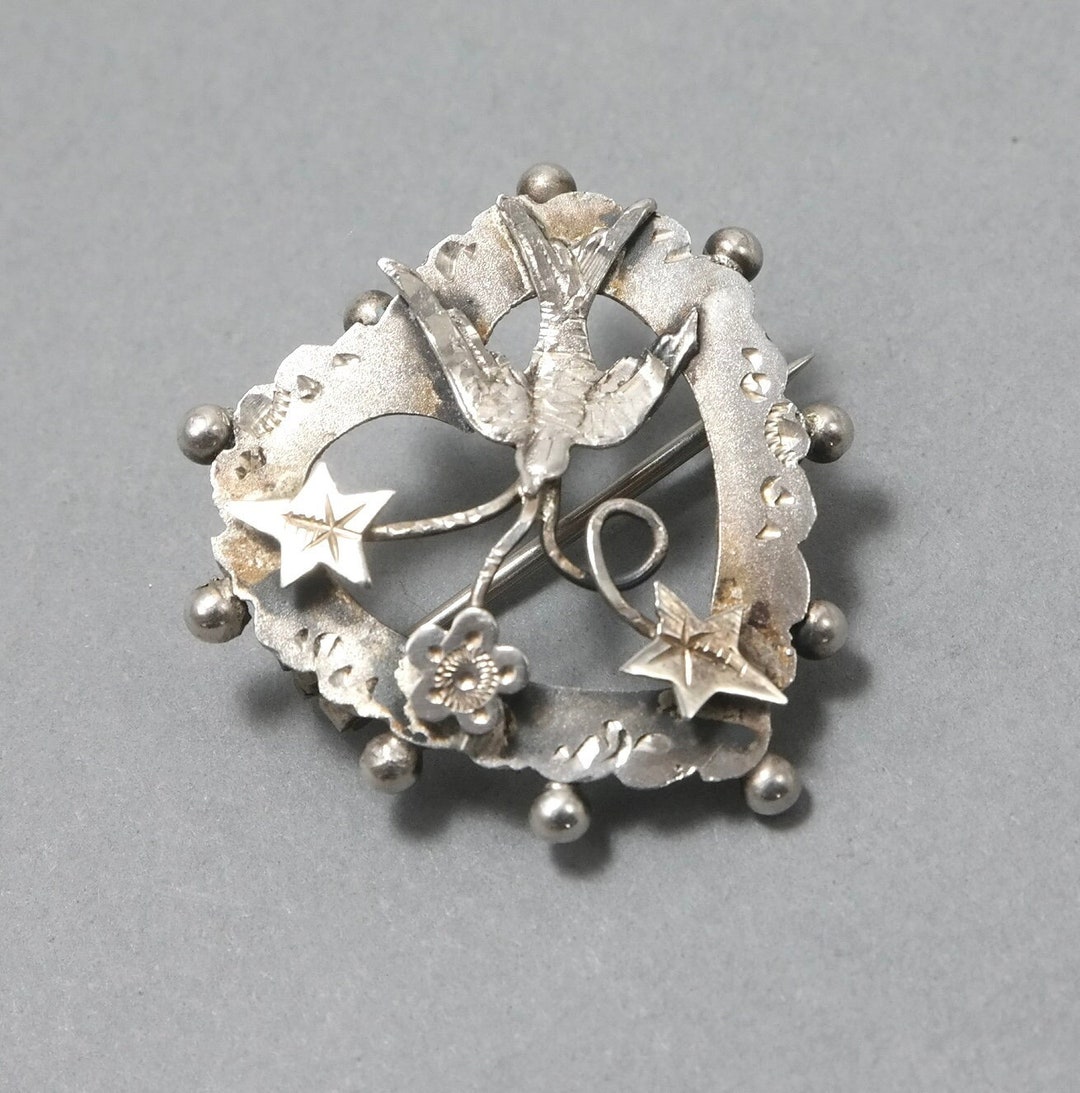 Antique Vintage Sterling Silver, Heart and Bird Sweetheart Brooch Pin ...