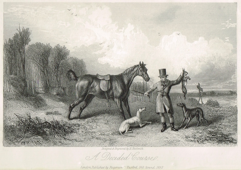 Greyhound racing Antique original vintage mounted Victorian black white etching engraving print /' The Decided Course /' dog by Beckwith