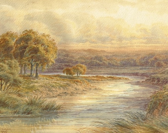 Antique original Victorian watercolour painting of a river at sunset by A Coleman