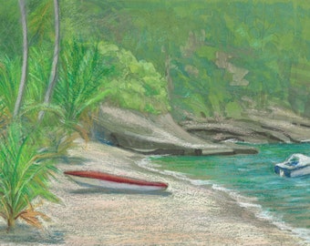 Vintage pastel drawing of beach scene with palm trees