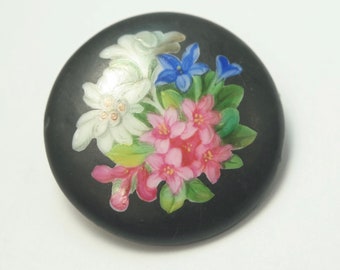 Antique vintage Victorian flower hand painted ceramic brooch pin