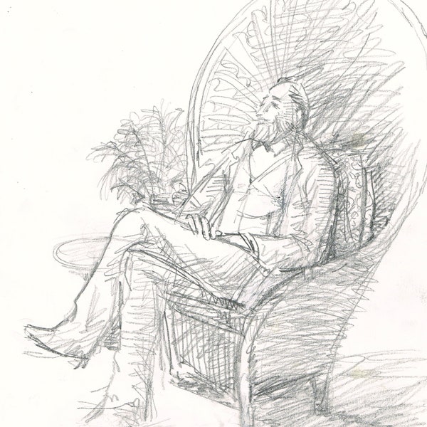 Vintage original 1980s small A4 pencil drawing of a man in a cane chair by illustrator Salim Patel