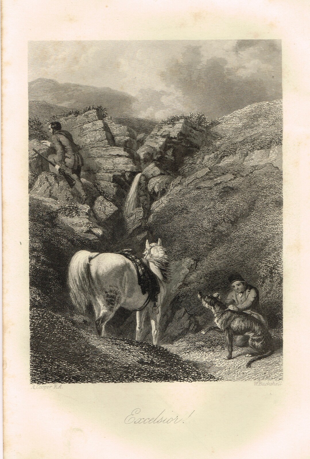 Antique Vintage 1800s, Victorian Etching Engraving Print ' Excelsior