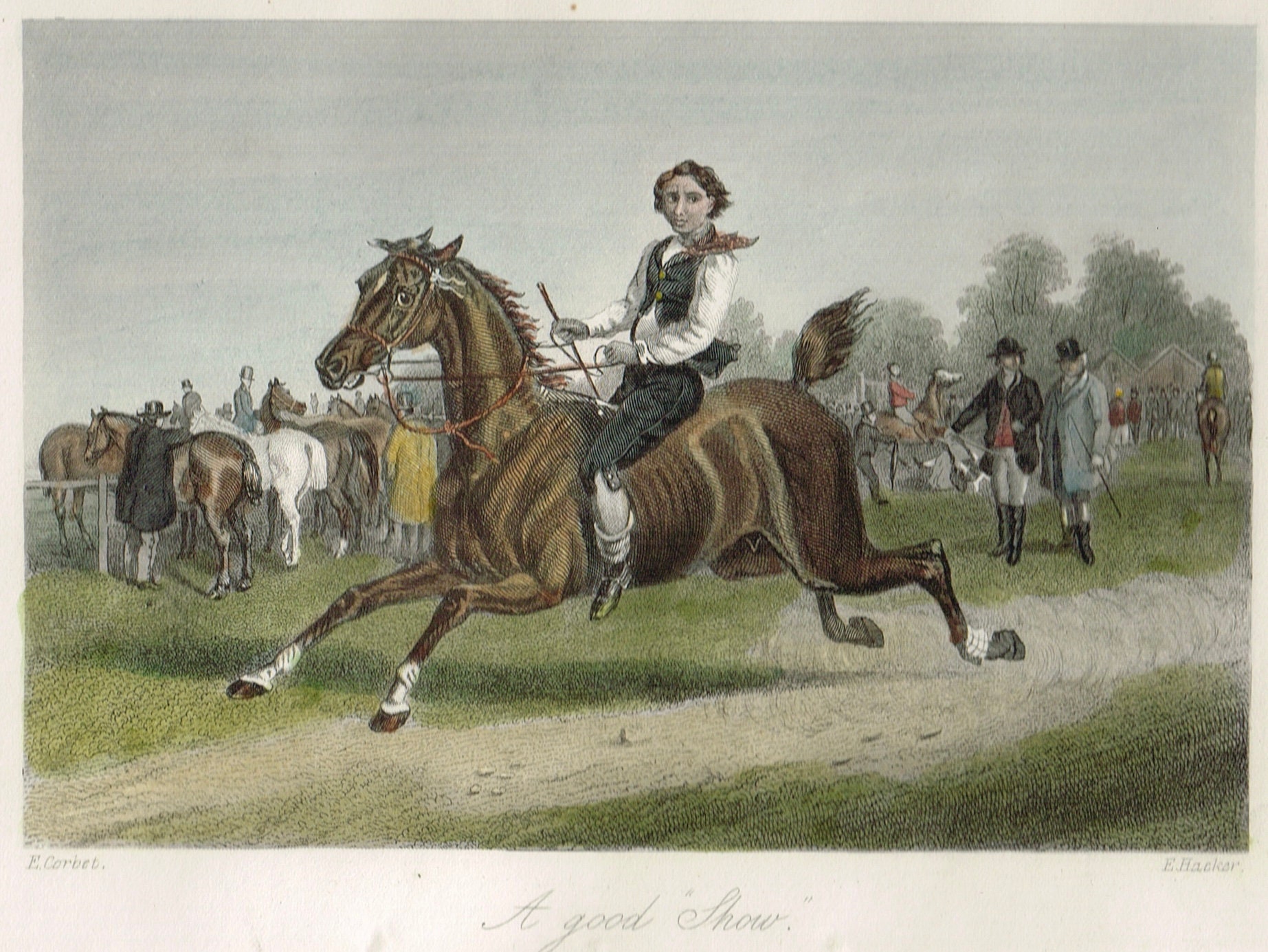 Antique original vintage 1800s mounted early Victorian hand coloured colored etching engraving print ' Going to Scale ' jockey by F C Turner