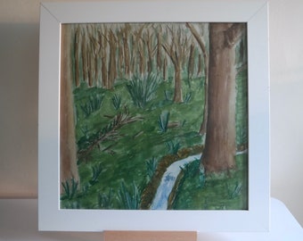 Vintage framed 1980s framed Impressionist watercolour painting of a woodland