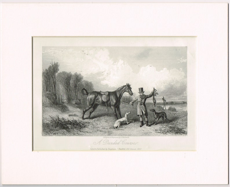 Greyhound racing Antique original vintage mounted Victorian black white etching engraving print /' The Decided Course /' dog by Beckwith