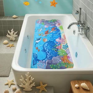 Könnte beinhalten: Eine rechteckige Badewannenmatte mit einer lebendigen Unterwasserszene, die einen großen blauen Wal, einen rosa Oktopus, Meeresschildkröten, einen Rochen und verschiedene bunte Fische zeigt, die zwischen grünem Seegras und Korallenriffen schwimmen.
