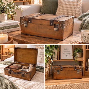 May include: A rectangular wooden storage chest with a dark brown finish, featuring metal corner reinforcements, two front metal latches, and two dark brown straps across the lid. The chest has a hinged top and a sturdy handle on the front side.