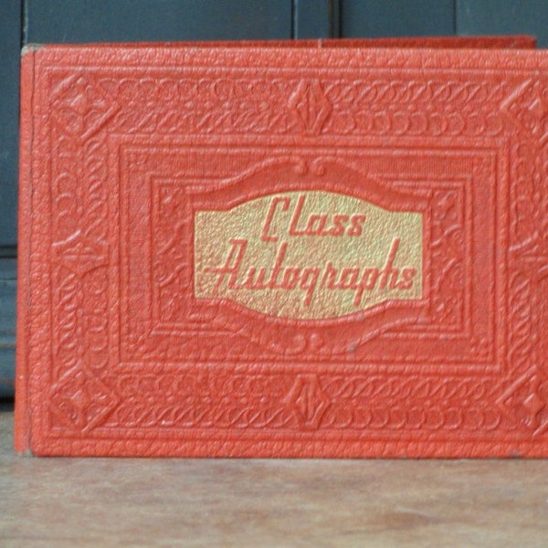 Vintage Autograph Book, Red & Gold, Leather Cover, Blank Pages, 6" x 4", Ephemera