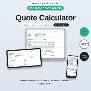Op de afbeelding: Een digitale offertecalculator voor Google Sheets en Excel voor HVAC-aannemers. De interface toont velden voor apparatuur, arbeid, belasting en marges. Bevat 3 tabbladen, automatische totalen en een gebruiksvriendelijke indeling voor offertes.