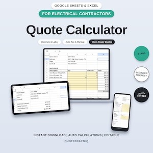Op de afbeelding: Een digitale offertecalculator-sjabloon voor Google Sheets en Excel, ontworpen voor elektriciens. De interface toont klantinformatie, materiaallijsten, arbeidskosten en automatisch berekende totalen. Bevat tekst: Quote Calculator, 3 Tabs, Beginner Friendly, Auto Totals, Instant Download, Auto Calculations, Editable, QUOTECRAFTHQ.