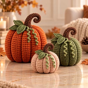 Puede incluir: Tres calabazas de ganchillo en naranja, rosa claro y verde oliva. Cada calabaza presenta un tallo rizado de color marrón oscuro, hojas de ganchillo verdes y zarcillos verdes en espiral unidos a la parte superior de los cuerpos acanalados.