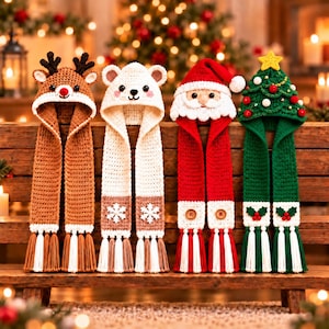 Christmas Hooded Scarf Crochet Pattern PDF, Reindeer Polar Bear Santa Tree Digital Download