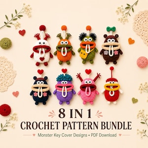 Könnte beinhalten: Acht bunte, gehäkelte Monster-Schlüsselhüllen mit weißen Schlaufen, großen Augen und breiten Mündern. Der Text lautet 8 IN 1 CROCHET PATTERN BUNDLE Monster Key Cover Designs • PDF Download. Jede Kreatur weist einzigartige Details wie Herzen auf.
