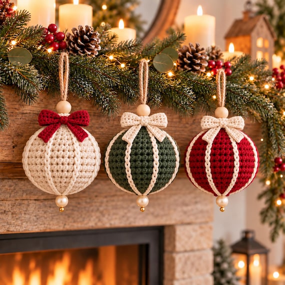 Crochet Christmas Bauble Pattern PDF, Set of 3 Holiday Ornaments, Red Green Ivory Decor