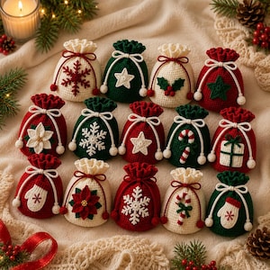May include: A collection of fourteen small, round, crocheted drawstring pouches in red, green, and cream. Each pouch features a unique holiday-themed appliqué such as snowflakes, stars, candy canes, poinsettias, holly, or mittens with white ties.