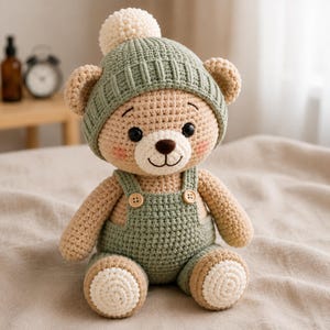 May include: A crocheted teddy bear toy in tan yarn, wearing a sage green beanie with a cream pom-pom and matching sage green overalls with two small wooden buttons. The bear has black safety eyes, a brown stitched nose, and cream-colored feet.