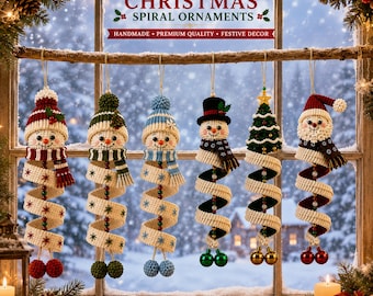 Könnte beinhalten: Ein 6-in-1-Set aus spiralförmigen Weihnachtsanhängern mit gehäkelten Figuren, darunter Schneemänner mit farbigen Mützen und Schals sowie ein Weihnachtsbaum. Jeder Anhänger hat eine spiralförmige Basis mit kleinen Perlen und hängenden Glöckchen.