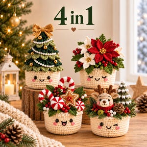 Puede incluir: Cuatro macetas de ganchillo con temática navideña y caras sonrientes. Una es un árbol de Navidad, otra tiene flores de Pascua, otra bastones de caramelo y una estrella de jengibre, y la última incluye un reno. El texto 4 in 1 aparece arriba.
