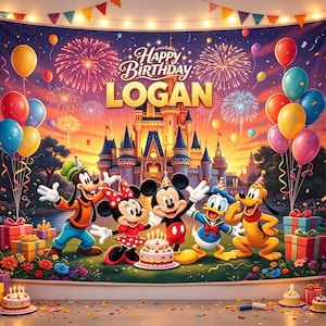 Peut inclure: Une toile de fond d'anniversaire rectangulaire représentant un château, des feux d'artifice et des personnages de dessins animés dont Mickey, Minnie, Dingo, Donald et Pluto. Le texte indique Happy Birthday LOGAN. Décoré de ballons et de cadeaux.