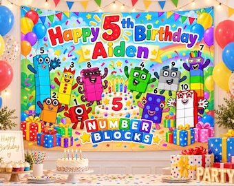 May include: A rectangular birthday party backdrop featuring the text Happy 5th Birthday Aiden, colorful Numberblocks characters, a birthday cake with five candles, and gift boxes. The design includes a rainbow, confetti, and bunting.