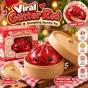 May include: A red glittery dumpling squishy toy with a smiling face, housed in a light-coloured bamboo steamer basket. The product includes a red cardboard box with the text Viral Glitter Red Dumpling Squishy Toy and various graphic icons.