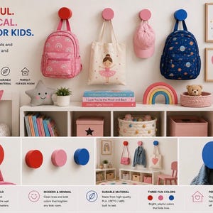 Könnte beinhalten: Ein Set aus runden Wandhaken in den Farben Rot, Pink und Blau. Diese massiven, zylindrischen Haken sind zum Aufhängen von Gegenständen wie Rucksäcken, Mützen und Taschen konzipiert. Die Haken haben eine glatte, matte Oberfläche und sind montiert.