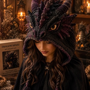 May include: A dark purple and black crocheted dragon hood featuring textured scales, two curved horns, and amber-colored eyes. The hood includes braided ties with tassels at the ends. A box labeled DRAGON HOOD DIY CROCHET KIT is visible nearby.