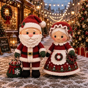 May include: Two crochet dolls representing Santa Claus and Mrs. Claus. Santa wears a red suit with white trim, a black belt, and black boots, holding a green sack with gifts. Mrs. Claus wears a red dress with a white apron and a matching bonnet.