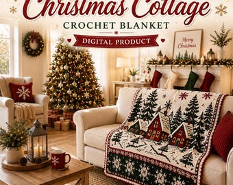 May include: A crochet blanket featuring a winter scene with red cottages, green pine trees, and white snowflakes on a cream background. The text reads Handmade Christmas Cottage Crochet Blanket Digital Product.