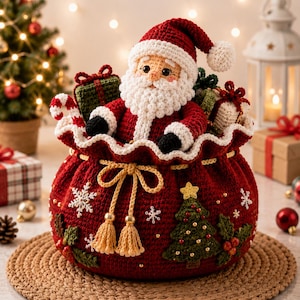 Pode incluir: Uma boneca de Pai Natal em croché a emergir de um saco de presente vermelho escuro com cordão. O saco apresenta flocos de neve brancos bordados, uma árvore de Natal verde e ramos de azevinho. O Pai Natal usa um gorro vermelho com um pompom.