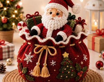 May include: A crocheted Santa Claus doll emerging from a deep red drawstring gift bag. The bag features embroidered white snowflakes, a green Christmas tree, and holly sprigs. The Santa wears a red hat with a white pom-pom and a white beard.