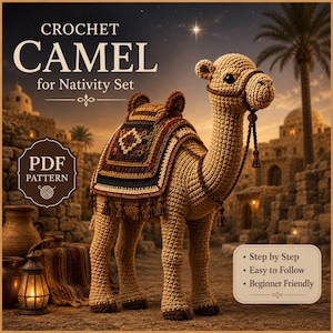 May include: A tan crochet camel toy with a dark brown saddle featuring geometric patterns and tassels. The image includes text: CROCHET CAMEL for Nativity Set, PDF PATTERN, and Step by Step, Easy to Follow, Beginner Friendly in a box.