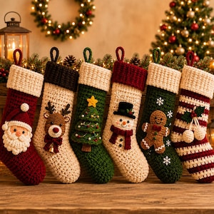 May include: Six crocheted Christmas stockings featuring festive designs including a Santa Claus, a reindeer with a bell, a decorated pine tree, a snowman with a top hat, a gingerbread person, and red and white stripes with holly berries.