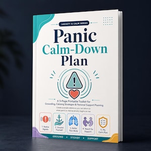 Könnte beinhalten: Ein weißes Buchcover mit dem Titel Panic Calm-Down Plan aus der Anxiety & Calm Serie. Das Cover zeigt ein zentrales Symbol eines Dreiecks mit einem Ausrufezeichen über einem Herz sowie fünf quadratische Symbole, die von 1 bis 5 nummeriert sind.