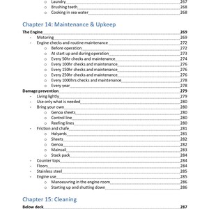 K&ouml;nnte beinhalten: Eine Inhaltsverzeichnisseite mit Kapitel 14: Maintenance & Upkeep und Kapitel 15: Cleaning. Der Text listet Unterabschnitte wie The Engine, Damage prevention und Below deck auf, mit entsprechenden Seitenzahlen von 267 bis 288.