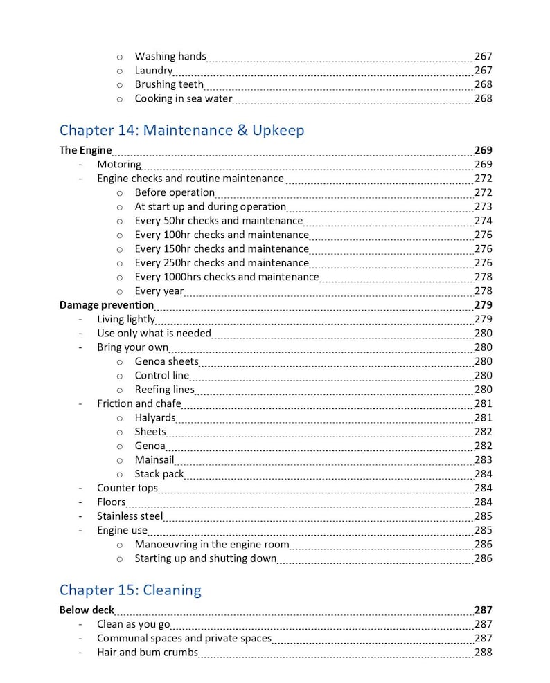 K&ouml;nnte beinhalten: Eine Inhaltsverzeichnisseite mit Kapitel 14: Maintenance & Upkeep und Kapitel 15: Cleaning. Der Text listet Unterabschnitte wie The Engine, Damage prevention und Below deck auf, mit entsprechenden Seitenzahlen von 267 bis 288.