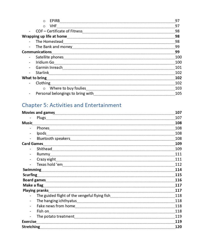 K&ouml;nnte beinhalten: Ein schwarz-wei&szlig;es Inhaltsverzeichnis mit Abschnitten zu Kommunikation, Kleidung und Aktivit&auml;ten. Die Themen umfassen Satellitentelefone, Filme, Musik, Kartenspiele, Schwimmen und Streiche, mit den entsprechenden Seitenzahlen auf der rechten Seite.
