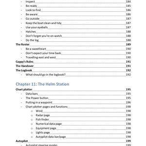 K&ouml;nnte beinhalten: Eine Inhaltsverzeichnisseite mit Textabschnitten wie Listen for new sounds, The Roster, Cappy's Rules, The Logbook und Chapter 11: The Helm Station. Die Liste enth&auml;lt Unterthemen wie Chart plotter, Data bars und Autopilot.