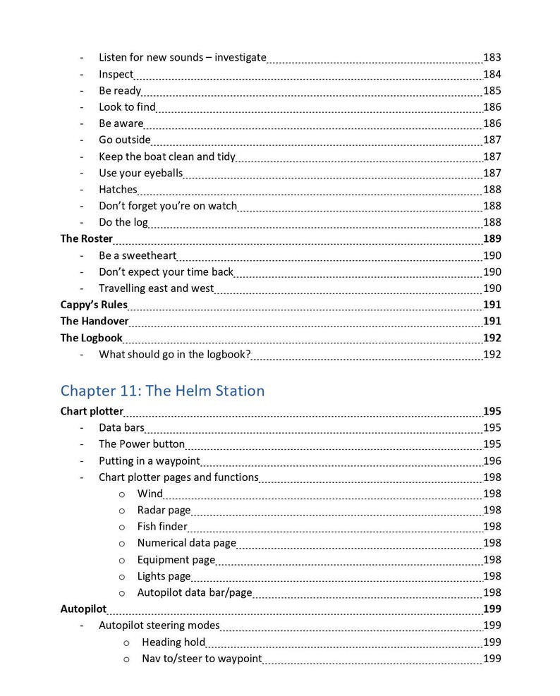 K&ouml;nnte beinhalten: Eine Inhaltsverzeichnisseite mit Textabschnitten wie Listen for new sounds, The Roster, Cappy's Rules, The Logbook und Chapter 11: The Helm Station. Die Liste enth&auml;lt Unterthemen wie Chart plotter, Data bars und Autopilot.