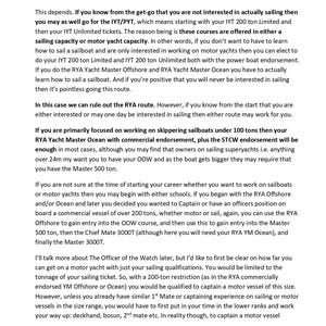 K&ouml;nnte beinhalten: Eine Textseite mit dem Titel So, Do We Start with the RYA or IYT/PYT?, die Karrierewege f&uuml;r Yachtkapit&auml;ne er&ouml;rtert. Das Dokument beschreibt die Anforderungen f&uuml;r RYA Yacht Master und IYT 200-Tonnen-Zertifizierungen f&uuml;r Motor- und Segelyachten.