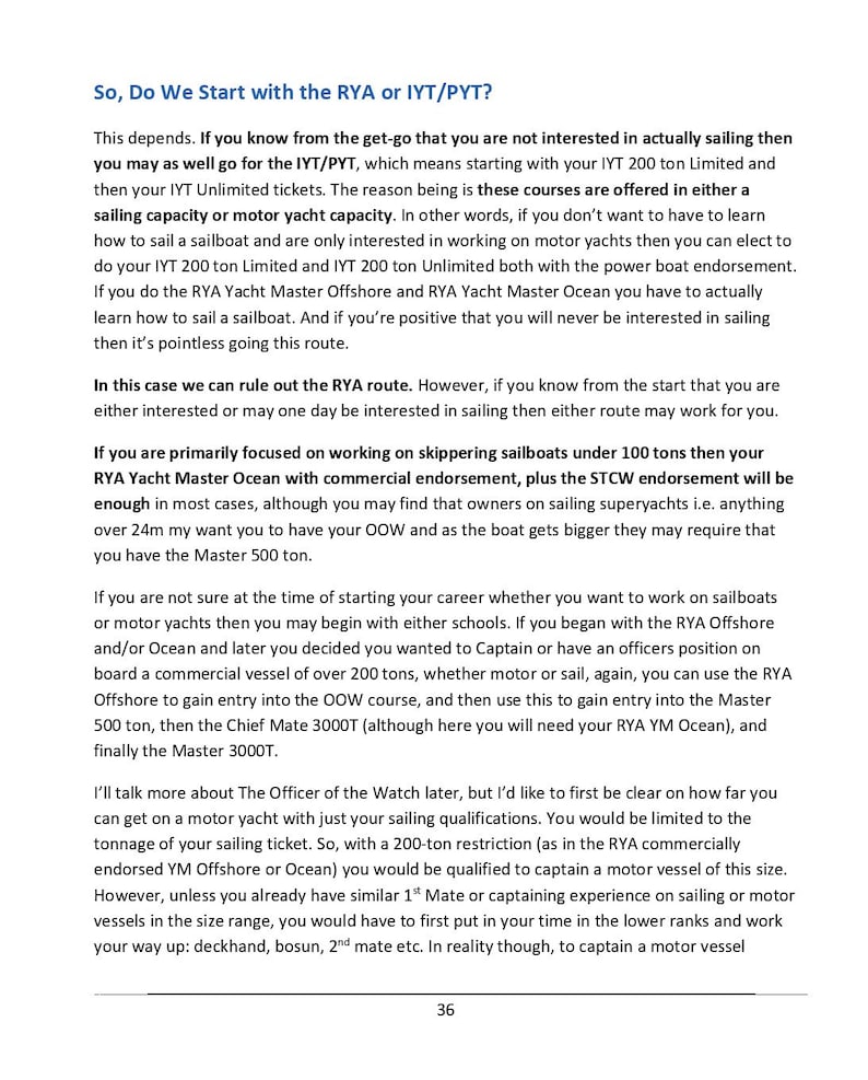 K&ouml;nnte beinhalten: Eine Textseite mit dem Titel So, Do We Start with the RYA or IYT/PYT?, die Karrierewege f&uuml;r Yachtkapit&auml;ne er&ouml;rtert. Das Dokument beschreibt die Anforderungen f&uuml;r RYA Yacht Master und IYT 200-Tonnen-Zertifizierungen f&uuml;r Motor- und Segelyachten.