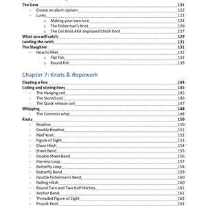 K&ouml;nnte beinhalten: Eine Inhaltsverzeichnisseite mit dem Titel Kapitel 6: Angeln und Kapitel 7: Knoten & Seilarbeit. Der Text listet verschiedene Angelthemen auf, darunter K&ouml;der, Knoten und Filetieren, gefolgt von einer Liste spezifischer Knoten wie Palstek und Kreuzknoten.