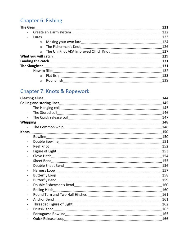 K&ouml;nnte beinhalten: Eine Inhaltsverzeichnisseite mit dem Titel Kapitel 6: Angeln und Kapitel 7: Knoten & Seilarbeit. Der Text listet verschiedene Angelthemen auf, darunter K&ouml;der, Knoten und Filetieren, gefolgt von einer Liste spezifischer Knoten wie Palstek und Kreuzknoten.