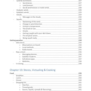 K&ouml;nnte beinhalten: Eine schwarz-wei&szlig; gedruckte Inhaltsverzeichnisseite mit Themen wie Other monsoons, Land & sea breezes, Anabatic winds, Katabatic winds, Clouds, Squalls, Getting weather, Old school, New school und Chapter 13: Stores, Victualing & Cooking.