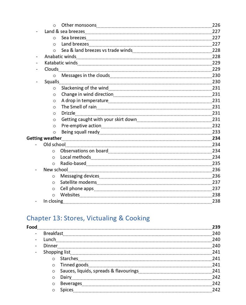 K&ouml;nnte beinhalten: Eine schwarz-wei&szlig; gedruckte Inhaltsverzeichnisseite mit Themen wie Other monsoons, Land & sea breezes, Anabatic winds, Katabatic winds, Clouds, Squalls, Getting weather, Old school, New school und Chapter 13: Stores, Victualing & Cooking.